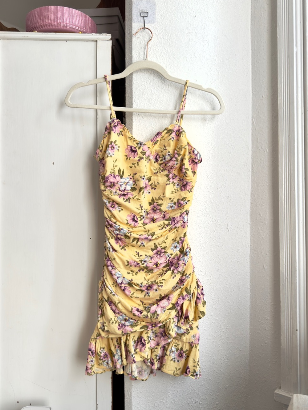 Forever 21 strap optional ruffle ruched yellow floral mini dress